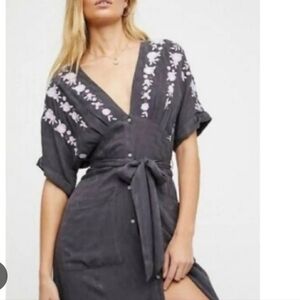 Free People Love to Love You Midi Grey Button Down Embroidered Dress